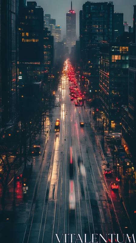 Rainlit city artery streaking with neon dusk traffic.