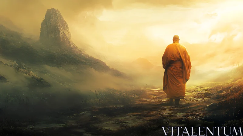 Solitary monk traverses misty golden mountain pass at dawn.