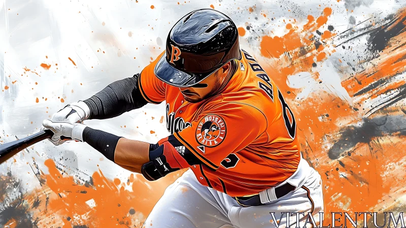 Baseball batter in orange uniform against abstract backdrop.