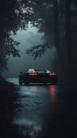 Supercar on wet forest road under heavy night fog.