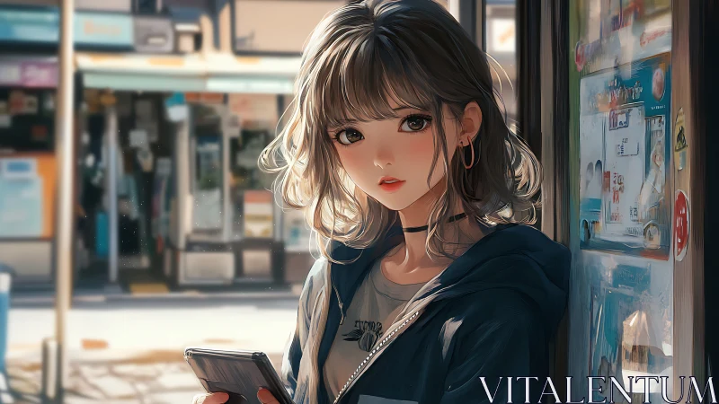 Young woman on city street holding smartphone, soft light.