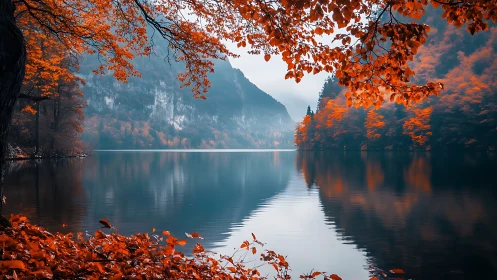 Crimson leaves lean over a glassy mountain lake in hush