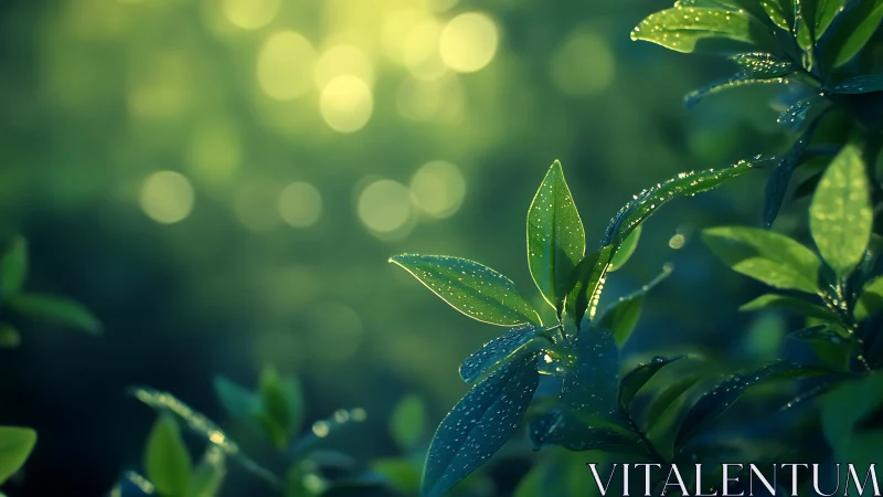 Dawn-kissed leaves glitter in a soft emerald forest hush.