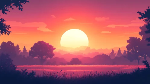 Vibrant digital sunset over misty forest meadow landscape.