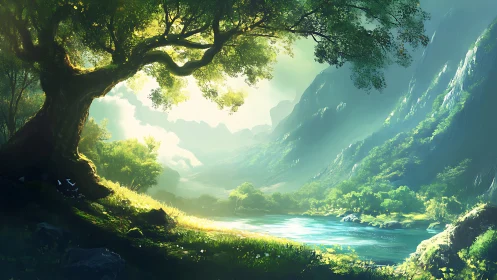 Sunlit river valley beneath ancient overhanging tree canopy