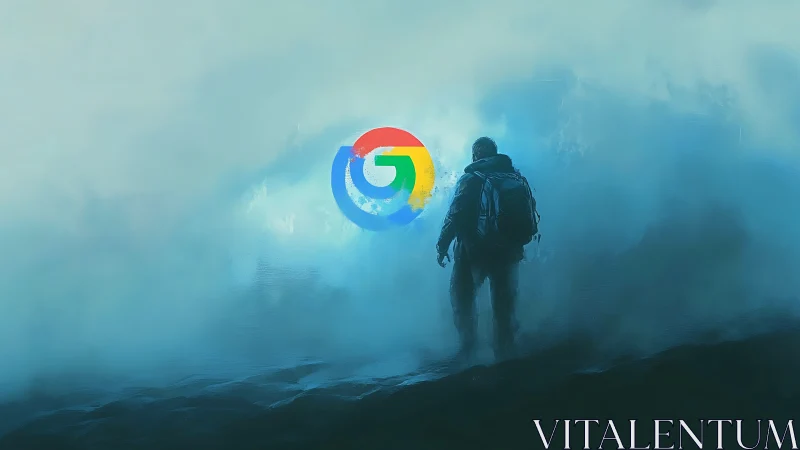 Solitary hiker observes central multicolor circular logo