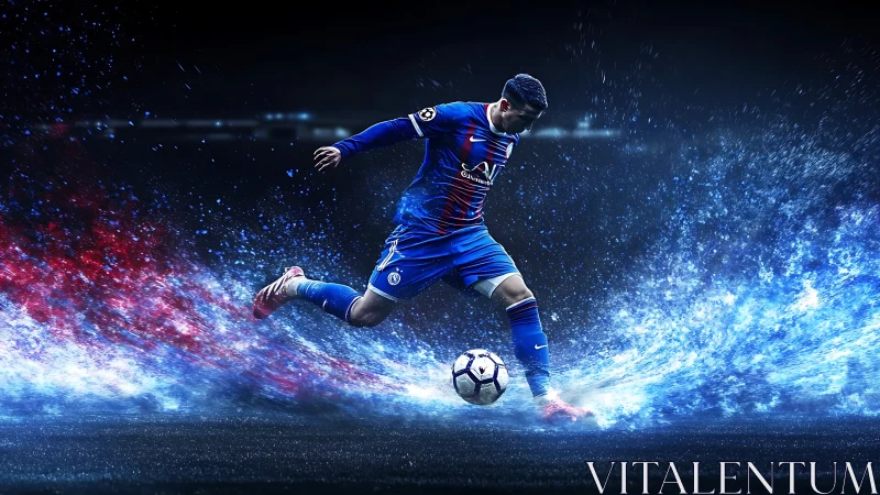 Soccer striker powers ball through neon energy spray.