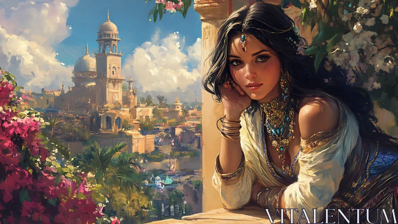 Regal woman on balcony overlooking ornate riverside city