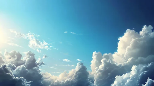 Sunlit cumulus clouds rise under clear blue daytime sky