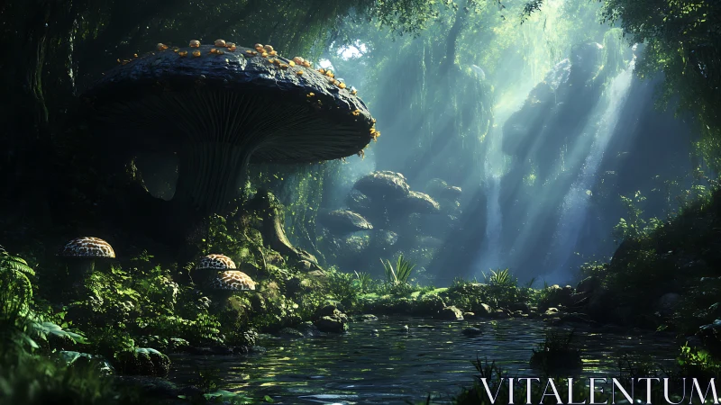 Bioluminescent Forest Cavern with Waterfall and Giant Mushroom