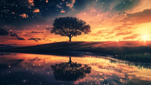 Solitary deciduous tree mirrored in luminous sunset river
