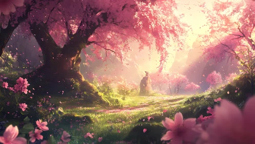 Enchanted cherry blossom grove glows in gentle morning light.