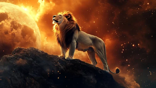 Majestic lion stands against blazing cosmic sunset sky.