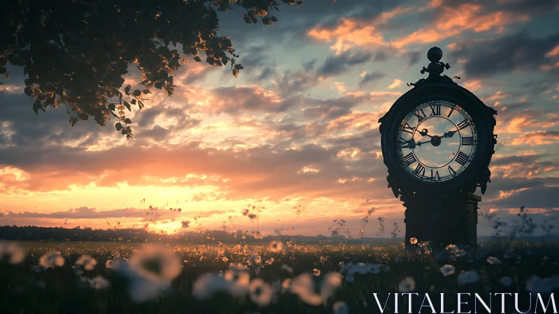Twilight field clock pausing daylight in drifting petals.