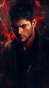 Brooding young man emerges from fiery abstract shadows.