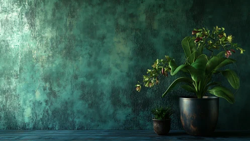 Potted Plants Against Weathered Turquoise Wall