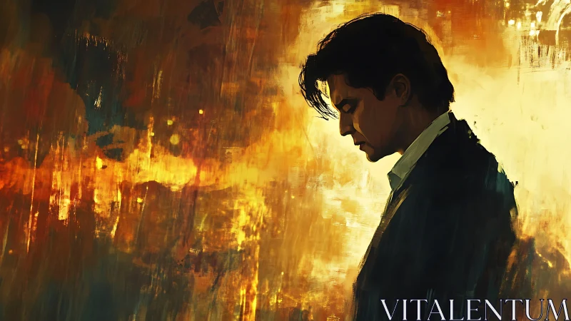 Man in suit against warm abstract painted background.