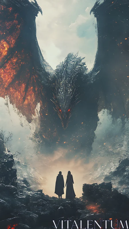 Two robed figures stand before large winged dragon entity