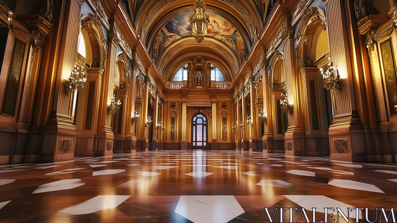 Golden palace hall bathed in gentle afternoon light.