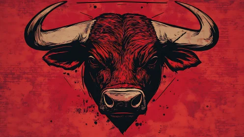 Graphic bull portrait in high-contrast red ink illustration.