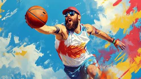 Streetball comet streaks through a sky of flying paint