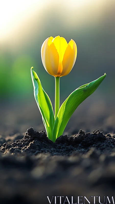Yellow Tulip Rising from Soil with Green Leaves.