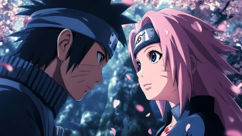 Cherry blossoms frame two young ninjas in a tender gaze