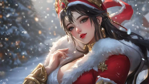 Winter portrait of regal anime heroine in high-detail red coat