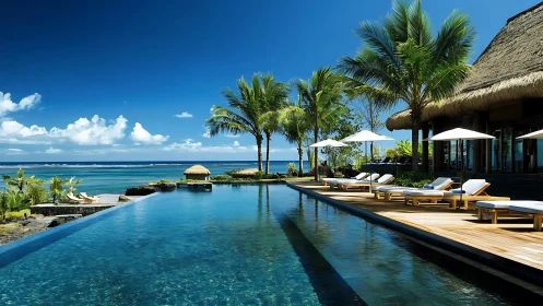 Oceanfront infinity pool beside tropical luxury resort.