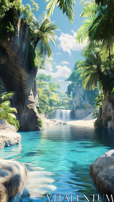 Tropical canyon lagoon opens to bright waterfall and beach