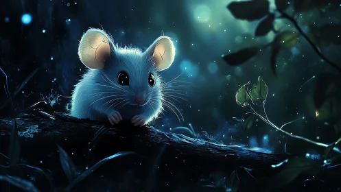 Tiny moonlit mouse gazes from a glowing forest branch.