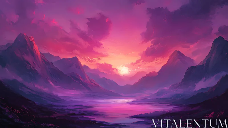 Radiant violet sunset bathes tranquil mountain valley lake.