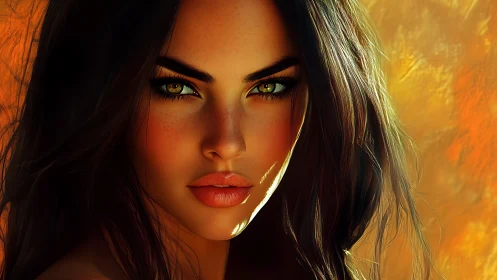 Fiery portrait of freckled woman with emerald reflective eyes.