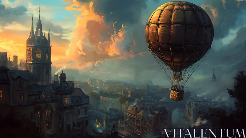 Sunlit airship drifts above misty steampunk city at dusk.