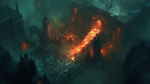 Fiery demonic citadel corridor burns through toxic green fog