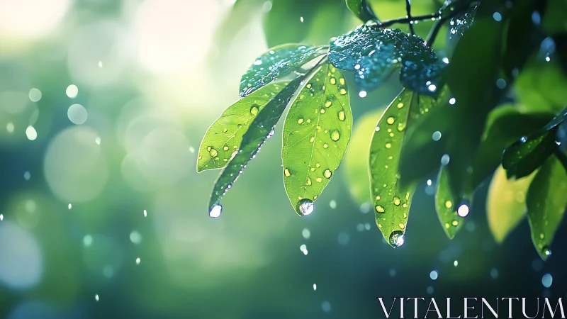 Gentle rain-kissed leaves glowing in soft forest light.