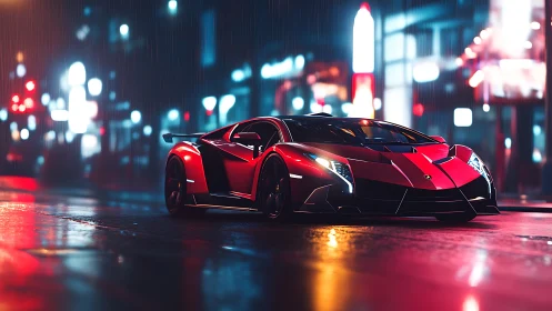 Cyberpunk supercar render in neon-soaked urban nightscape.
