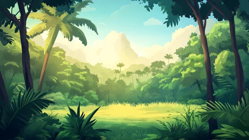 Tropical Jungle Clearing Bathed Golden Sunlight Mountain Vista