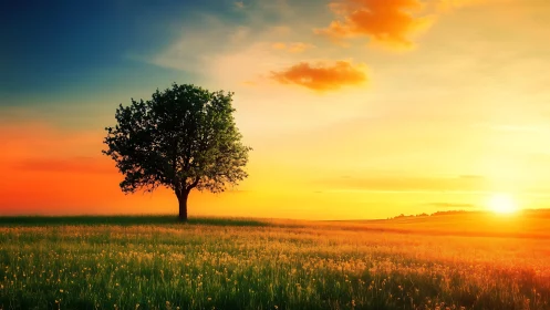 Solitary tree in open field under vivid sunset sky.