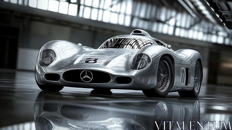 Silver racing coupe in reflective industrial interior space.