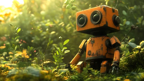 Orange boxy robot stands in lush green forest clearing.