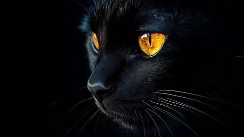 Midnight panther cat with molten amber galaxy eyes.