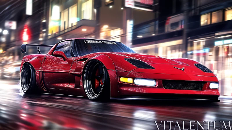 Red widebody sports car slices through neon city streets at night
