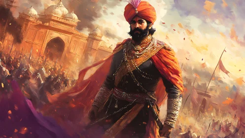 Warrior king in ornate armor leads cavalry before fortress