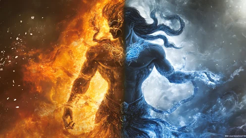 Elemental warrior poised between blazing fire and ice calm.
