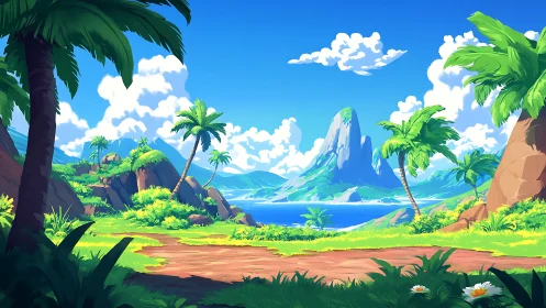 Tropical island landscape with towering rock formation and palm trees