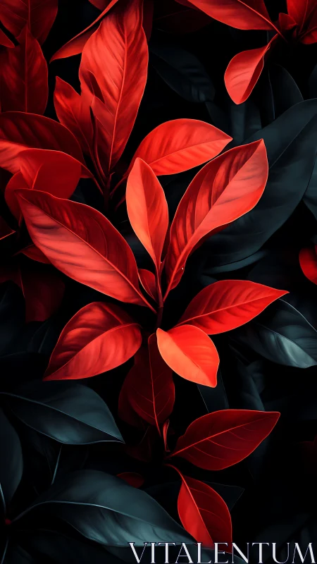 Red foliage elements overlay dark leaves in controlled contrast