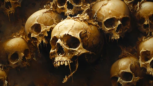 Clustered human skulls in dense, deteriorating arrangement.