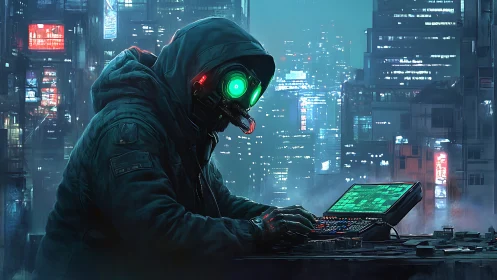 Neon-eyed code phantom bends a megacity’s skyline to will