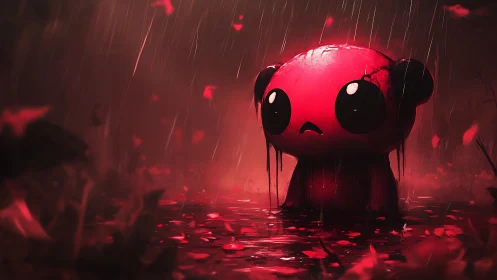 Sad red creature in rainy crimson fantasy landscape.